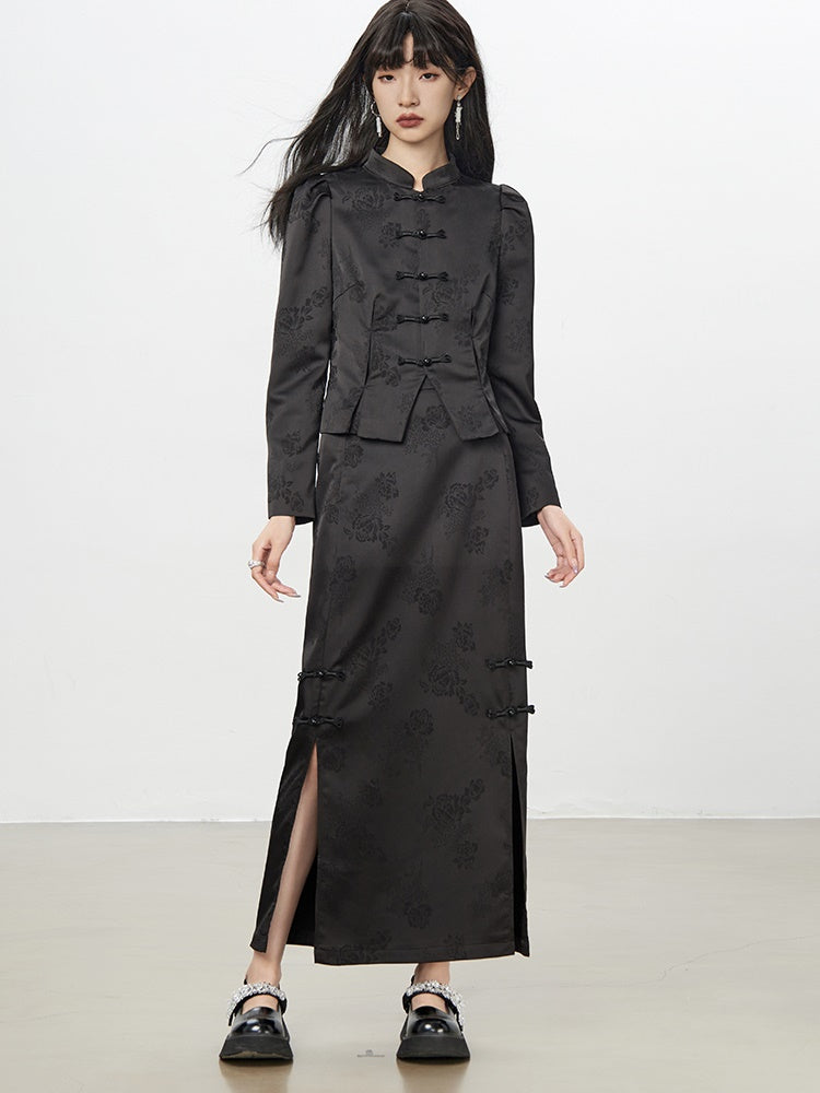 중국 자수 플라워 레트로 블라우스 & 롱 스커트