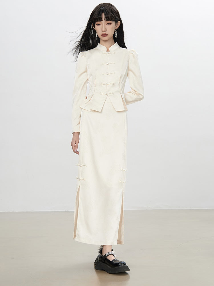 중국 자수 플라워 레트로 블라우스 & 롱 스커트