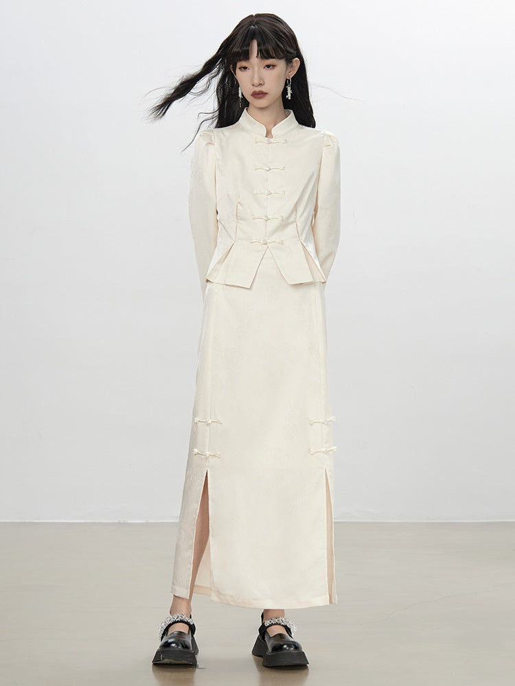 중국 자수 플라워 레트로 블라우스 & 롱 스커트