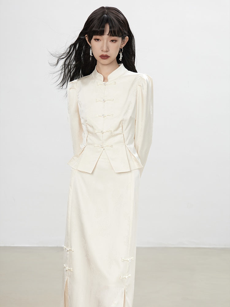 중국 자수 플라워 레트로 블라우스 & 롱 스커트