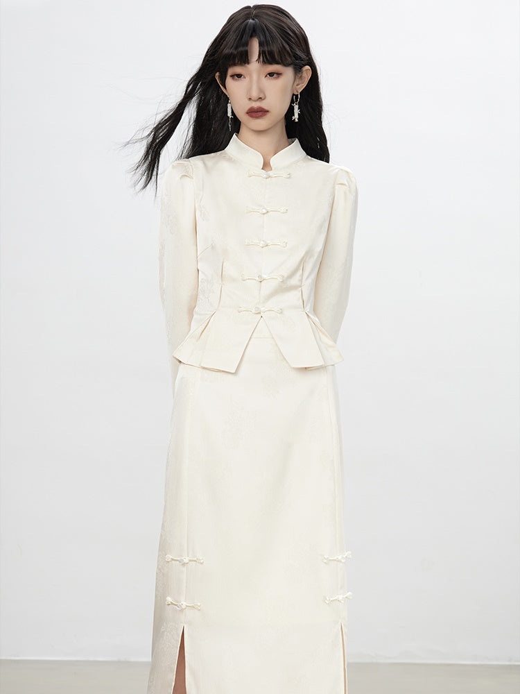 중국 자수 플라워 레트로 블라우스 & 롱 스커트