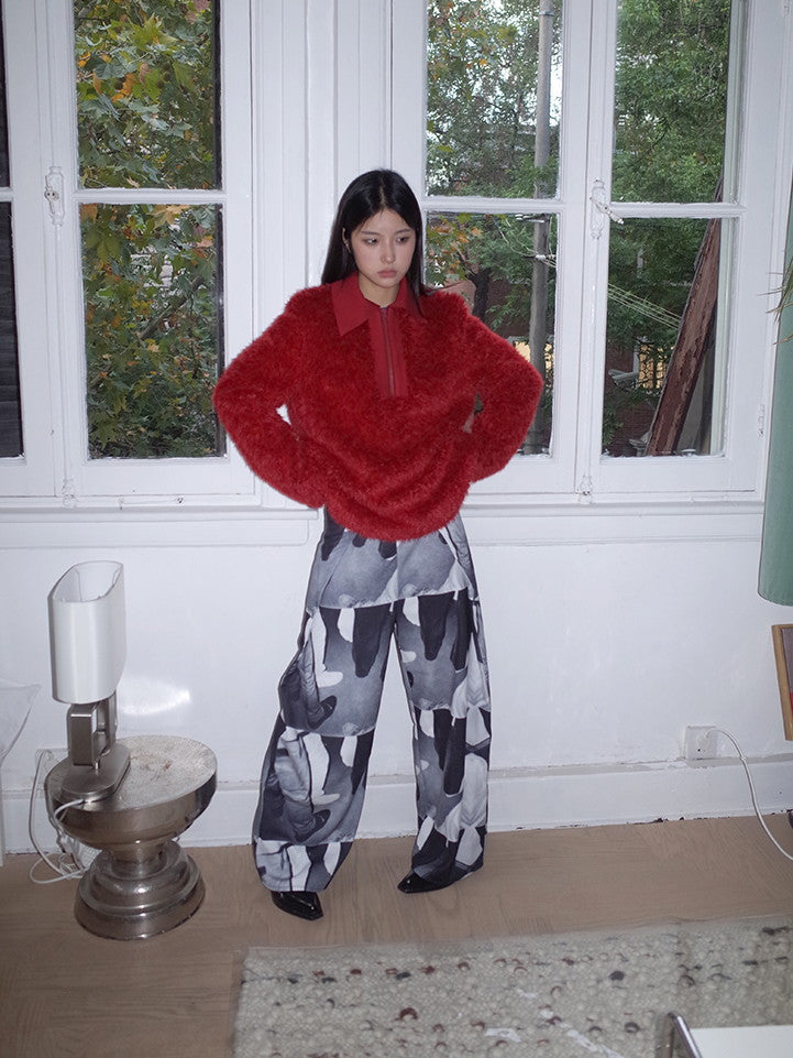 Polo-Neck Fluffily Half-Zip Vivid Loose Mohair-Knit