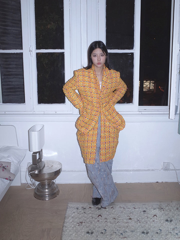 양모 검사 니치 디자인 캐주얼 고유 드레이프 코트