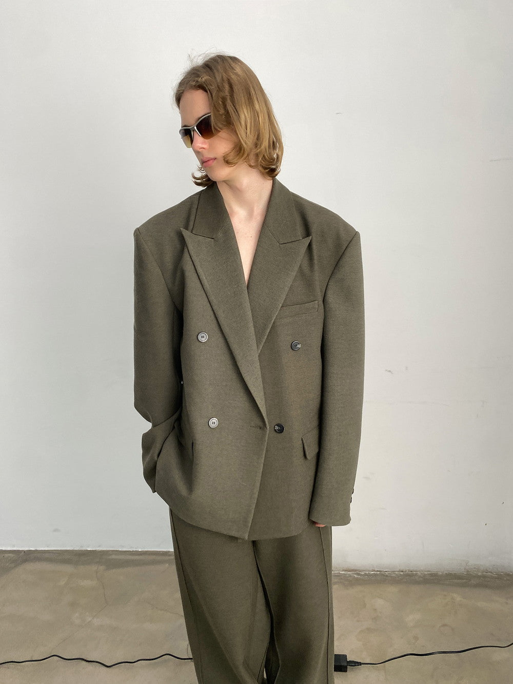 Unisex Jacket&Wide-Pants Loose Wool Suit Semi-Formal Simple Set-Up