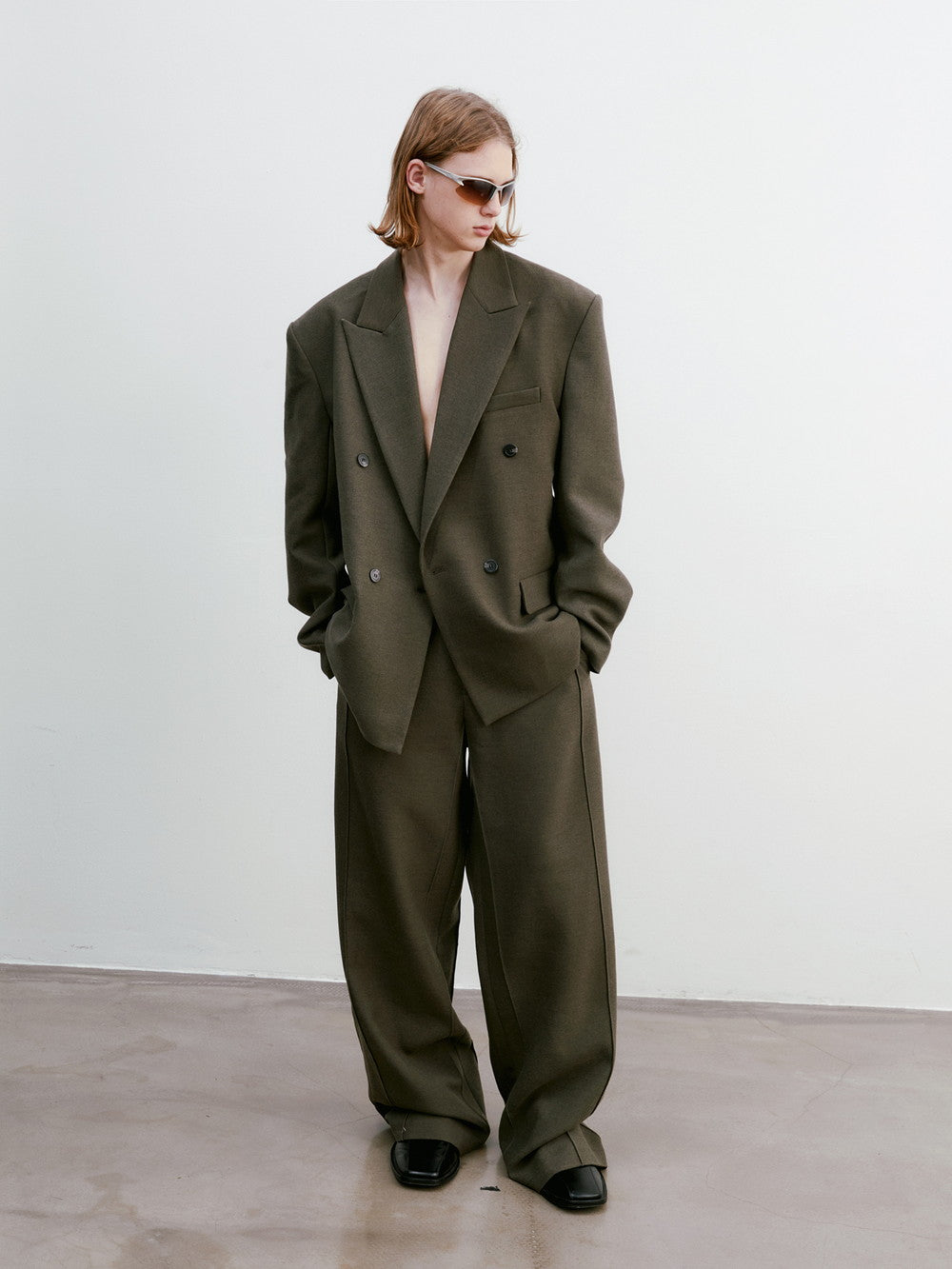Unisex Jacket&Wide-Pants Loose Wool Suit Semi-Formal Simple Set-Up