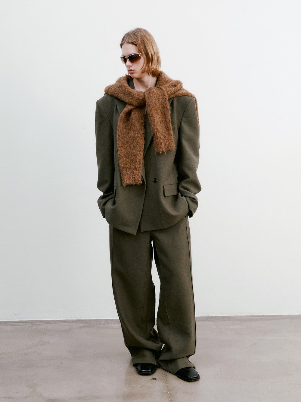 Unisex Jacket&Wide-Pants Loose Wool Suit Semi-Formal Simple Set-Up