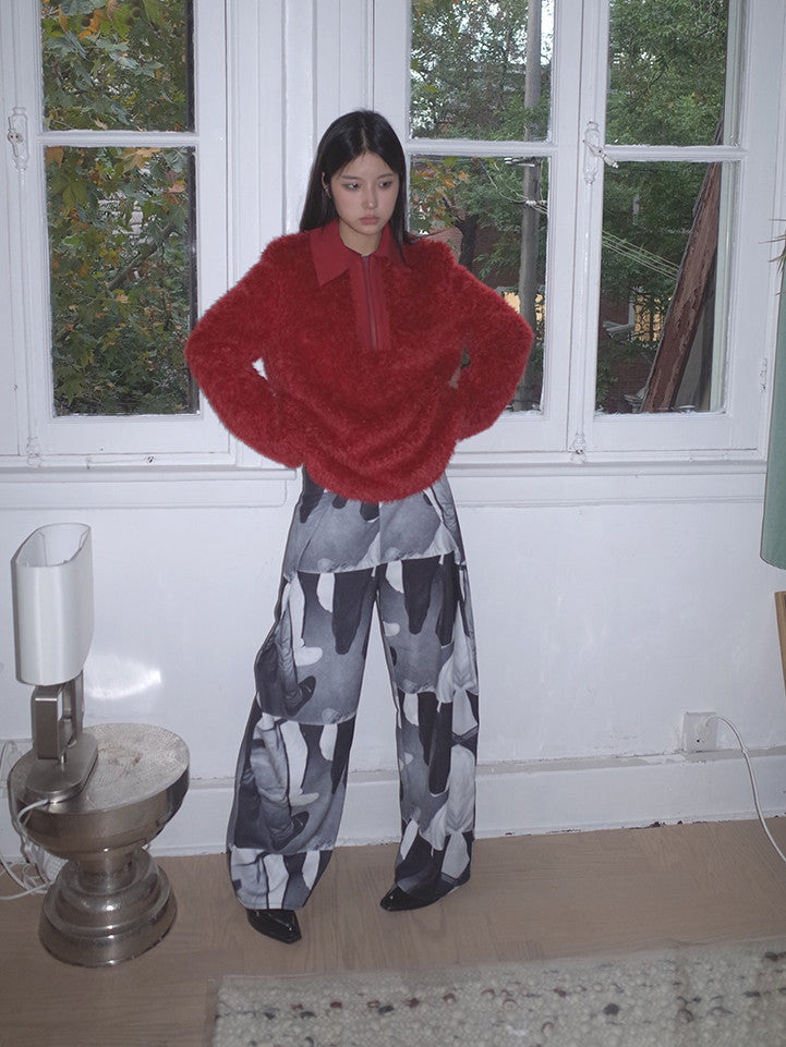 Polo-Neck Fluffily Half-Zip Vivid Loose Mohair-Knit