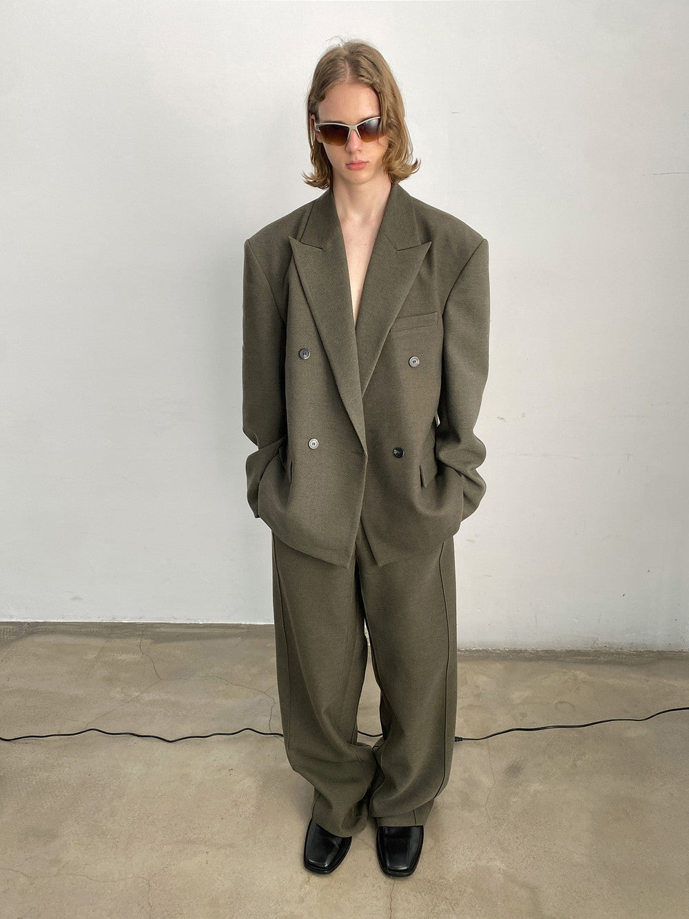 Unisex Jacket&Wide-Pants Loose Wool Suit Semi-Formal Simple Set-Up