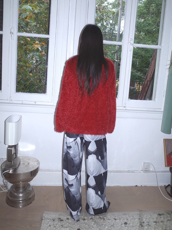 Polo-Neck Fluffily Half-Zip Vivid Loose Mohair-Knit