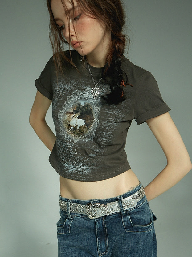 Vintage Print Cropped T-Shirt