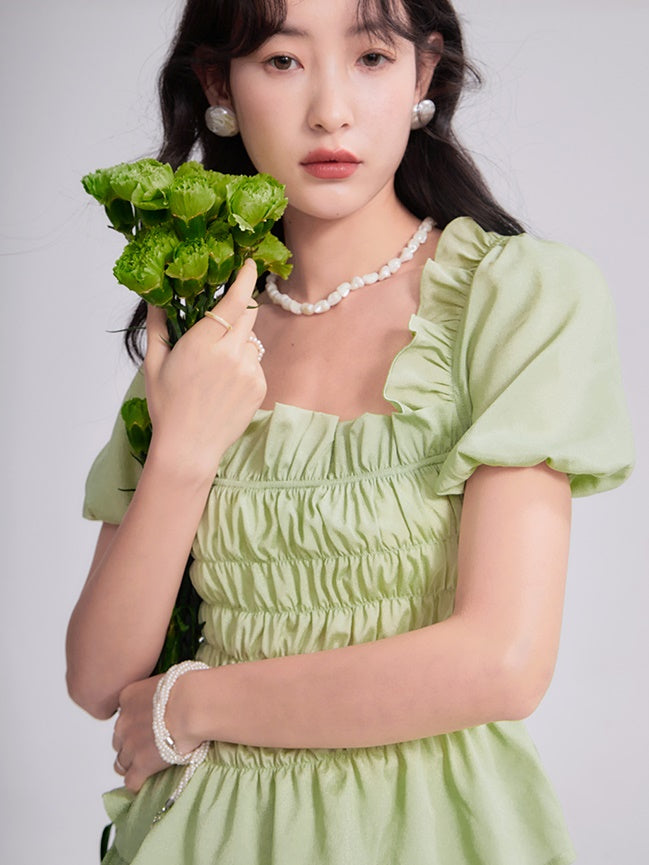 Gather Frill Puff-Sleeve Peplum Chic Blouse&Long-Skirt