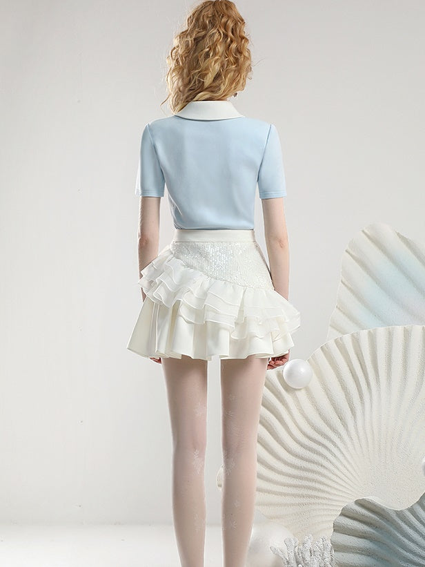 Set-Up Feminine Lace Frill Ribbon Volume Flower Blouse&Mini-Skirt