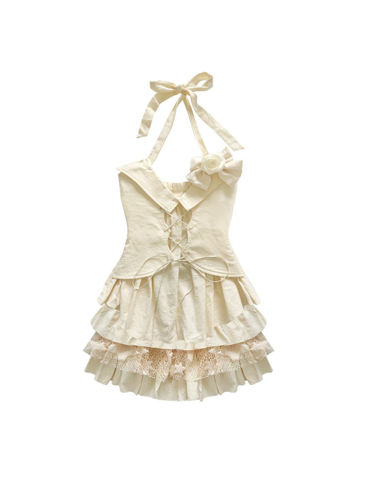 Set-Up Lace-Up Star Tiered Mesh Lace Halter-Neck Tops&Mini-Skirt