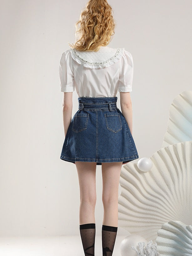 Set-Up Frill Casual Bijou Pff-Sleeve Half-Sleeve Blouse&Denim-Skirt