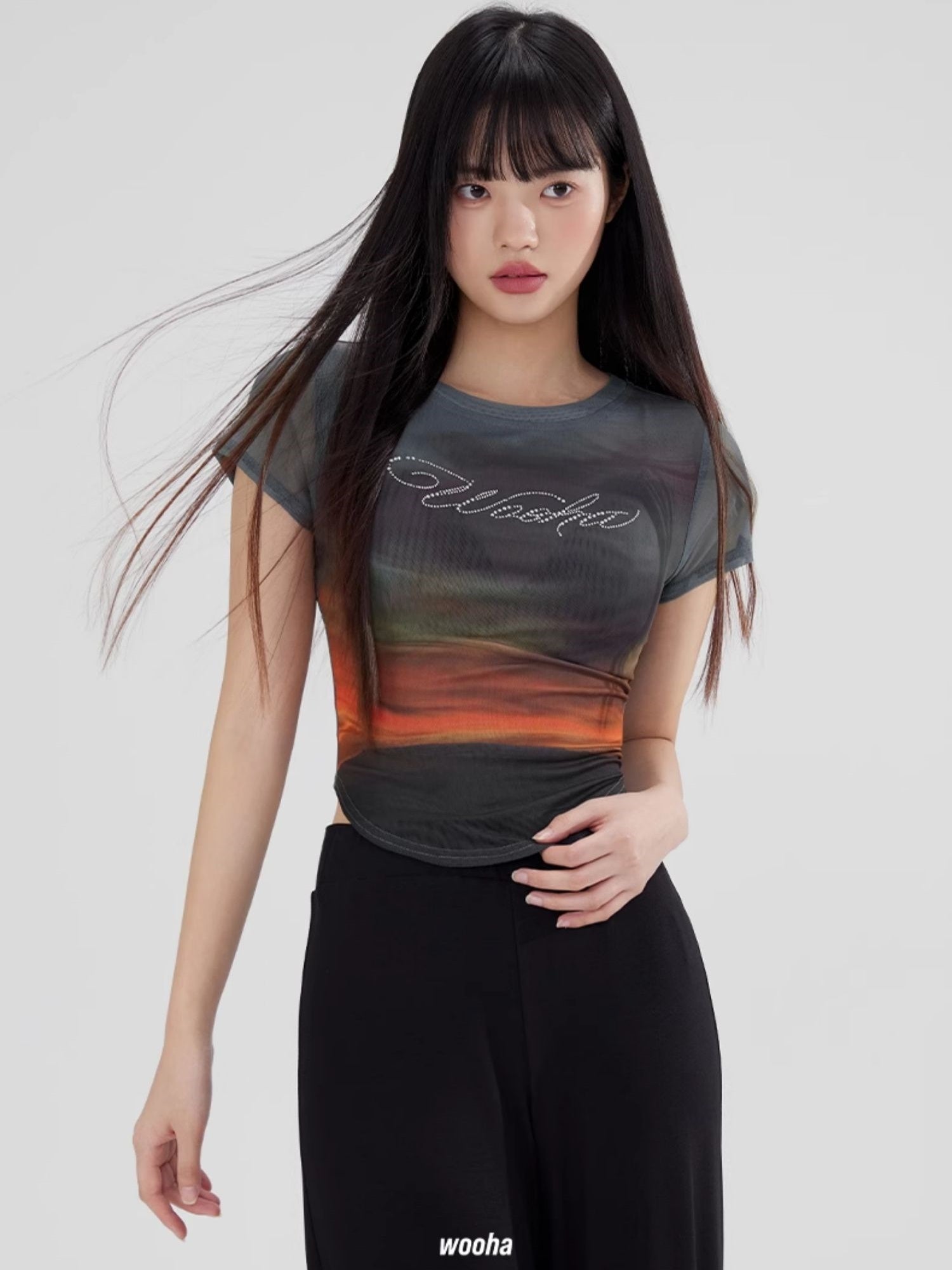 Sheer Bare Gradation Round-Cut Bijou Casual Fancy T-Shirt