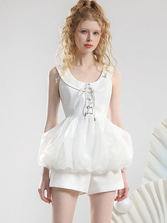 Set-Up Lace-Up Ciffon Balloon Nichi Tops&Short-Pants