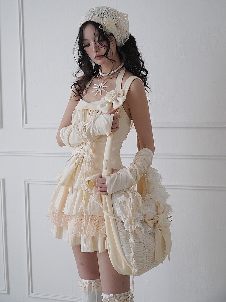 Set-Up Lace-Up Star Tiered Mesh Lace Halter-Neck Tops&Mini-Skirt