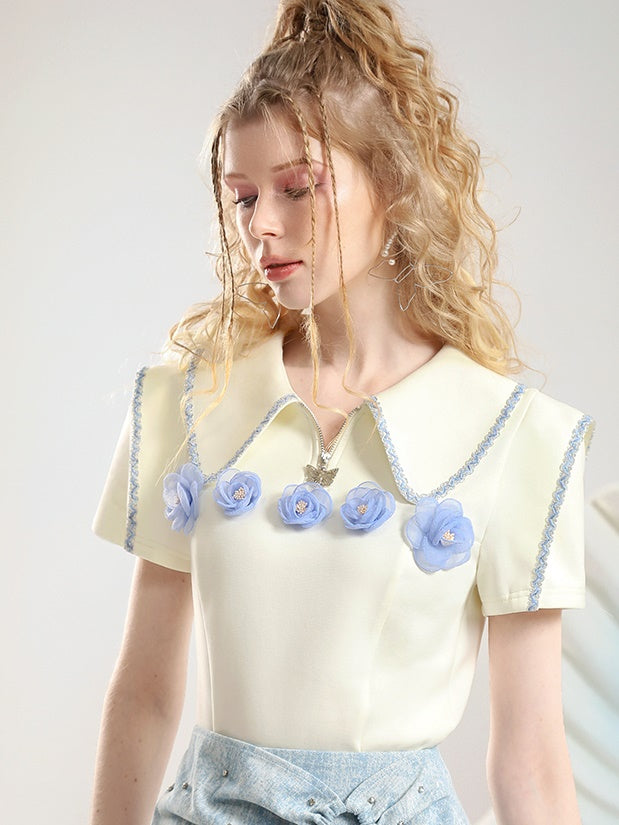 Set-Up Flower Drawstring Tiered Bijou Feminine Blouse&Mini-Skirt