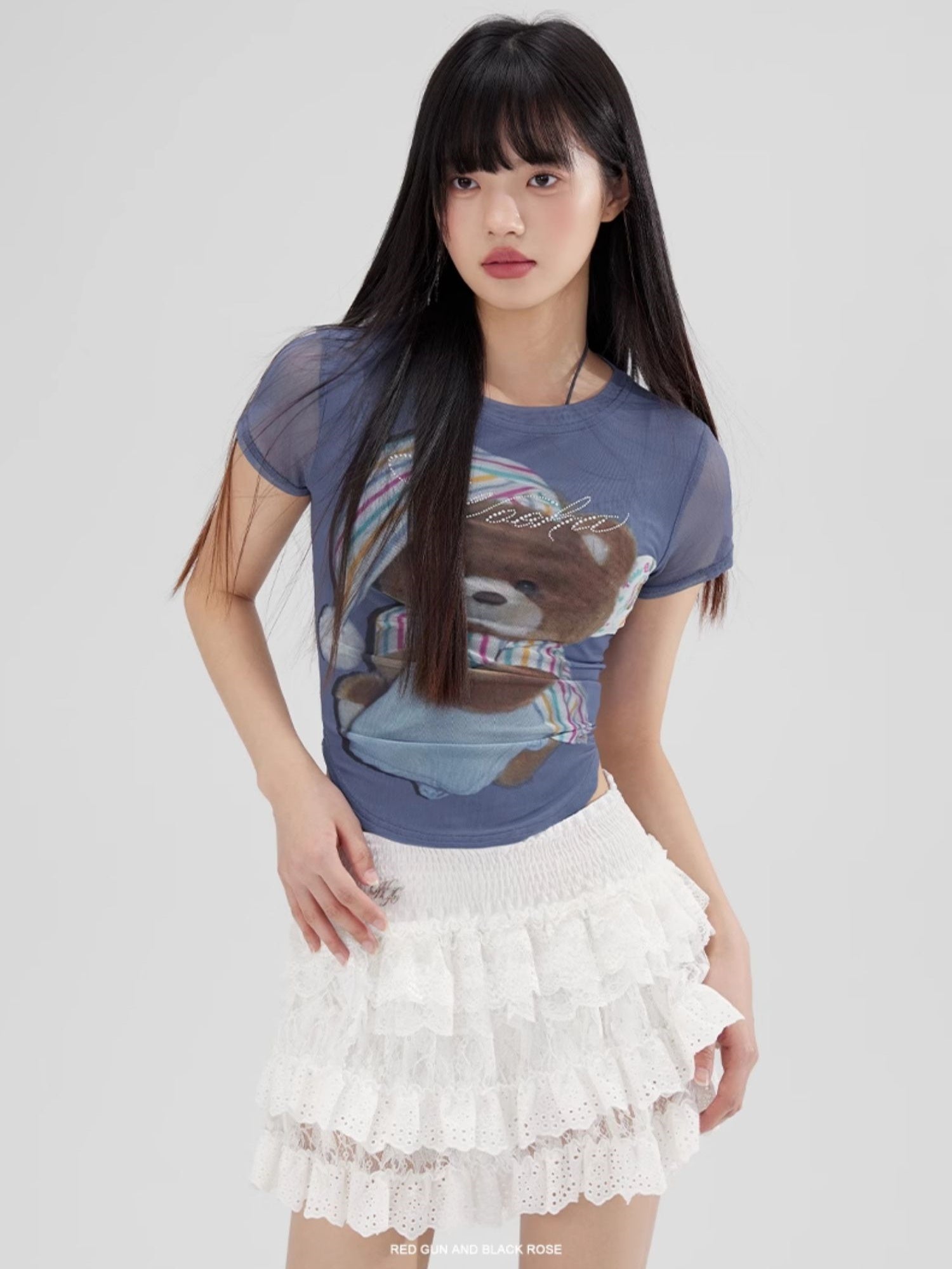 Sheer Bare Gradation Round-Cut Bijou Casual Fancy T-Shirt