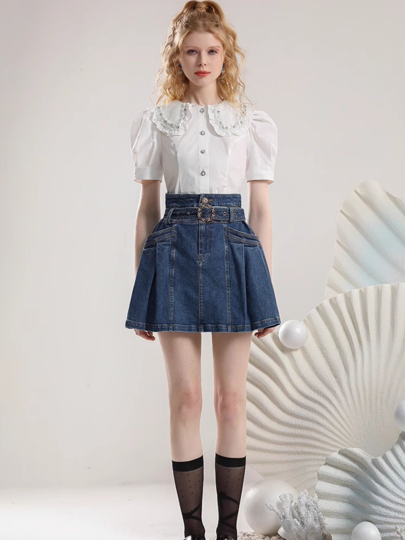 Set-Up Frill Casual Bijou Pff-Sleeve Half-Sleeve Blouse&Denim-Skirt