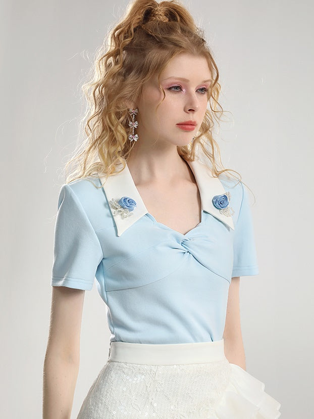 Set-Up Feminine Lace Frill Ribbon Volume Flower Blouse&Mini-Skirt