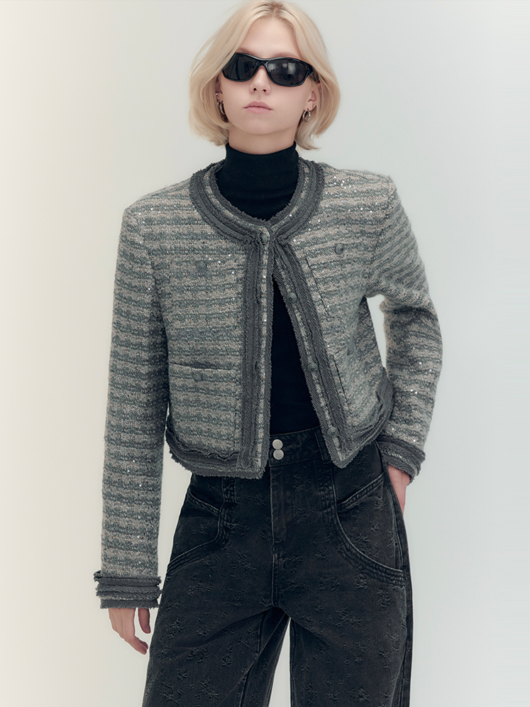 Set-Up Suit Sequins Elegant No-Collar-Jacket&Mini-Skirt