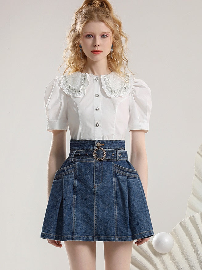 Set-Up Frill Casual Bijou Pff-Sleeve Half-Sleeve Blouse&Denim-Skirt