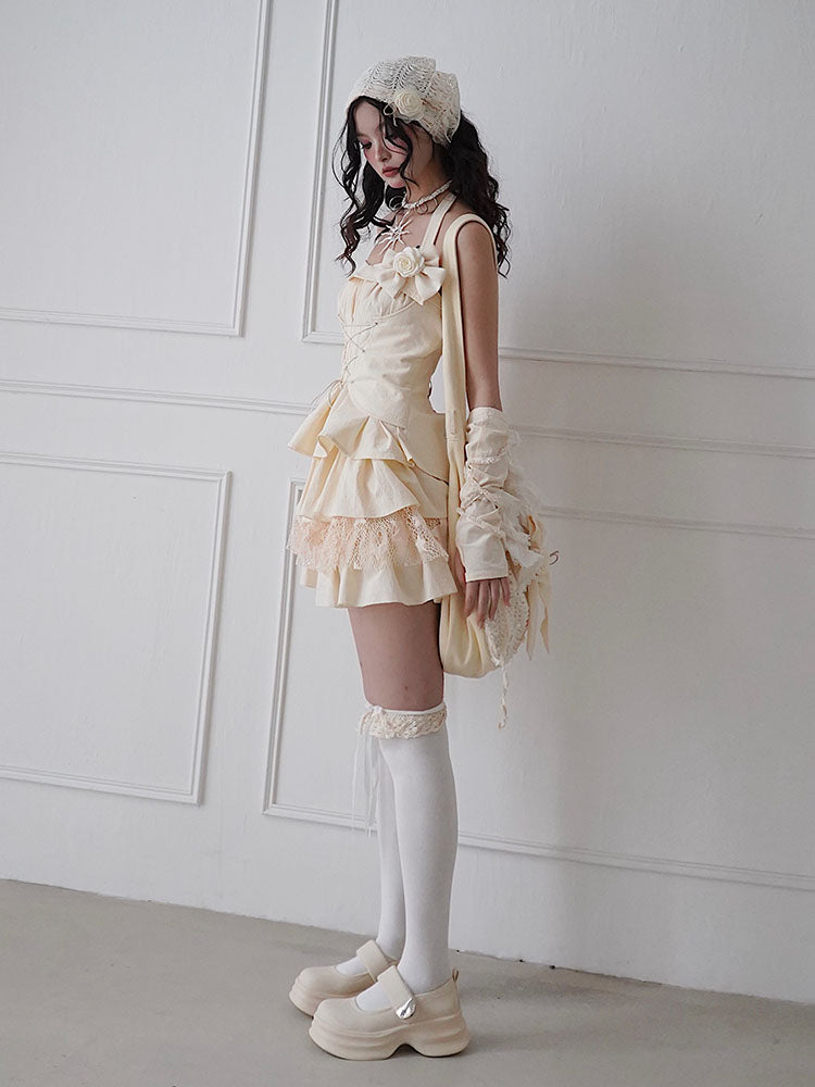 Set-Up Lace-Up Star Tiered Mesh Lace Halter-Neck Tops&Mini-Skirt