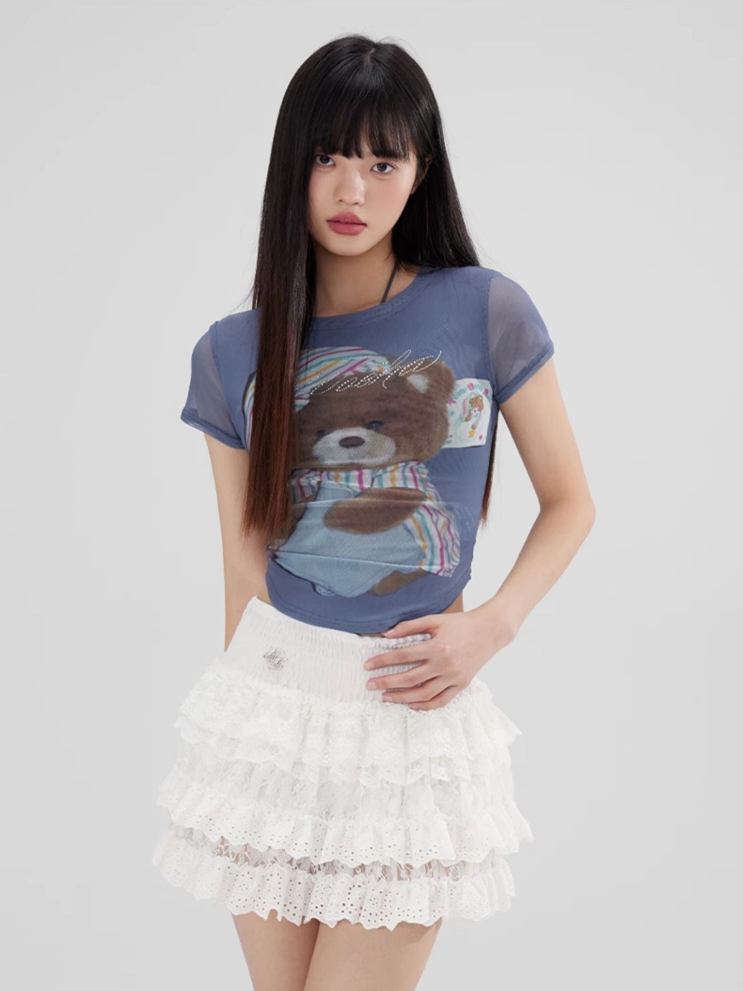 Sheer Bare Gradation Round-Cut Bijou Casual Fancy T-Shirt