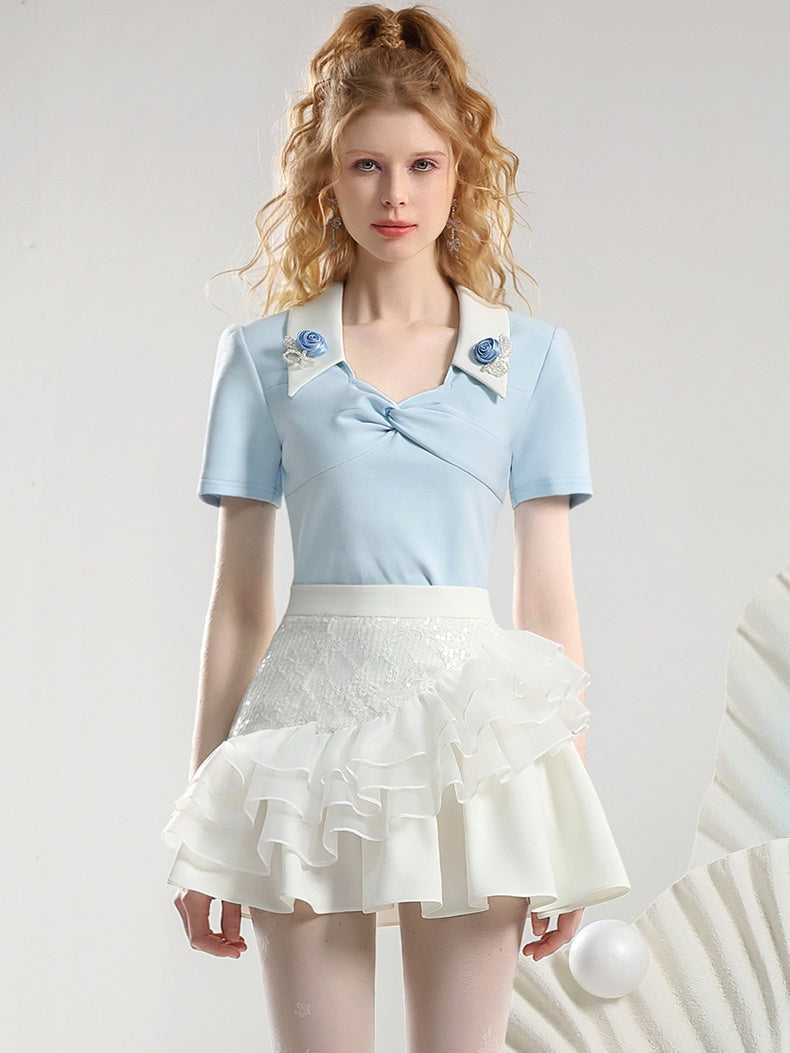 Set-Up Feminine Lace Frill Ribbon Volume Flower Blouse&Mini-Skirt