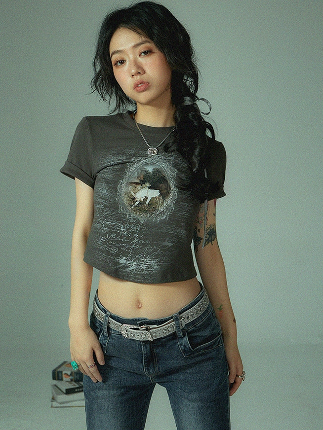 Vintage Print Cropped T-Shirt