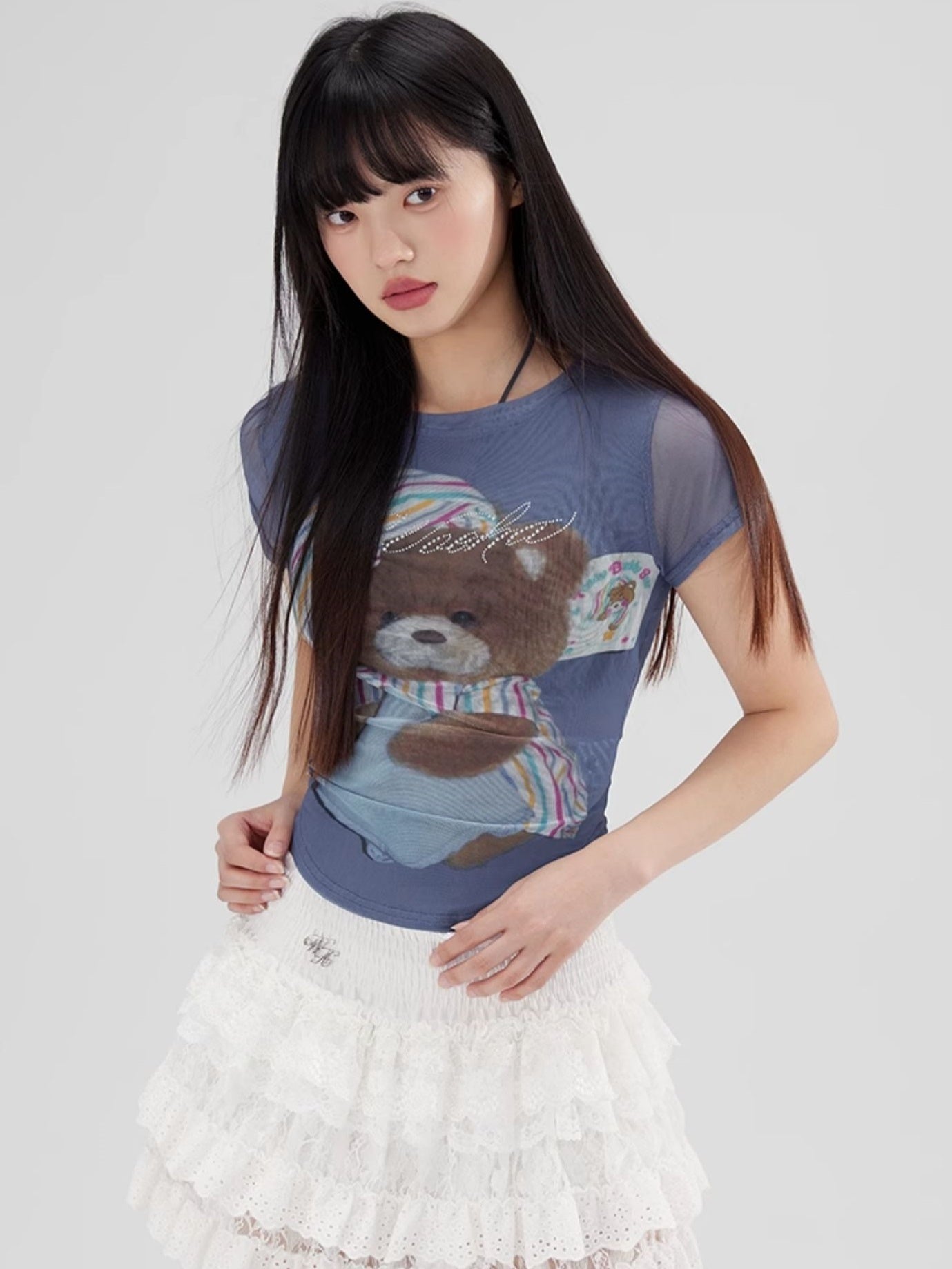 Sheer Bare Gradation Round-Cut Bijou Casual Fancy T-Shirt