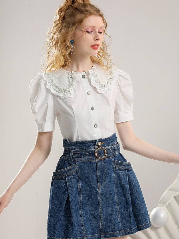 Set-Up Frill Casual Bijou Pff-Sleeve Half-Sleeve Blouse&Denim-Skirt