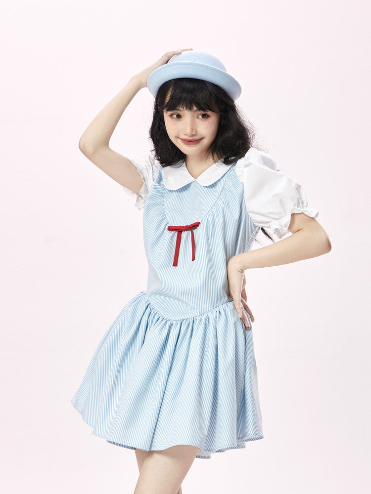 2Way Stripe Fluffily Girly Ribbon Mamluk-Sleeve Dress