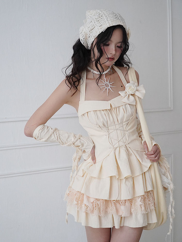 Set-Up Lace-Up Star Tiered Mesh Lace Halter-Neck Tops&Mini-Skirt