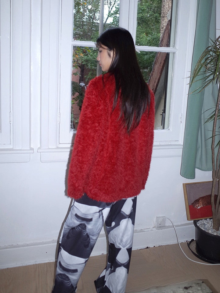 Polo-Neck Fluffily Half-Zip Vivid Loose Mohair-Knit