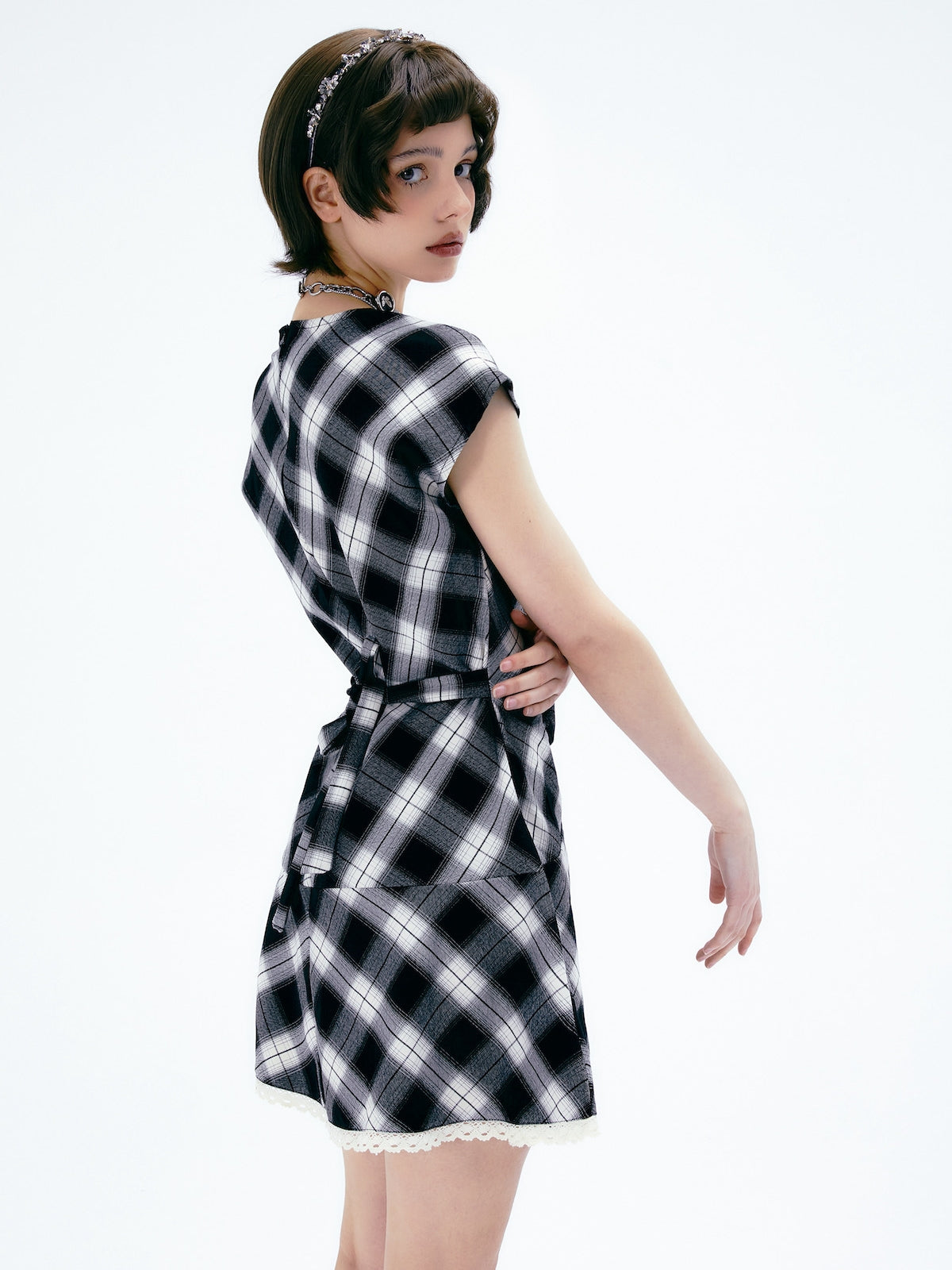 Checked Girly Spitze V-Ausschnitt ein Stück sammeln