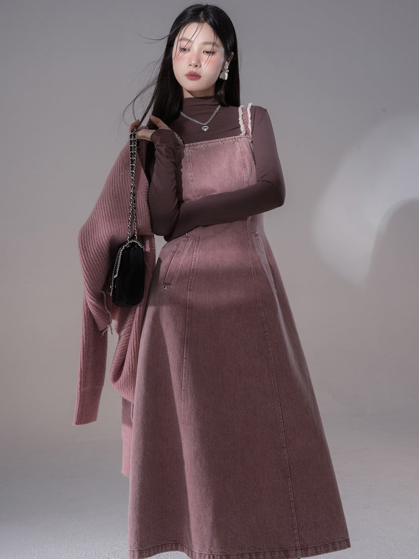 Rüschen Denim Flare Casual One-Stück