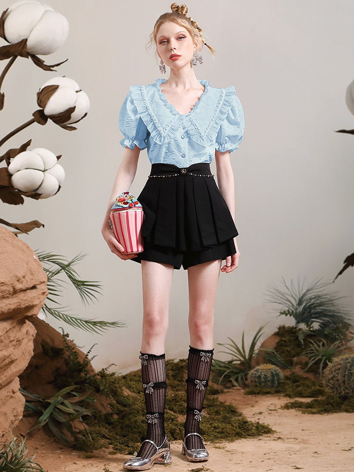 Puff-Ärmelns-Big-Collar-Frill-Bluse