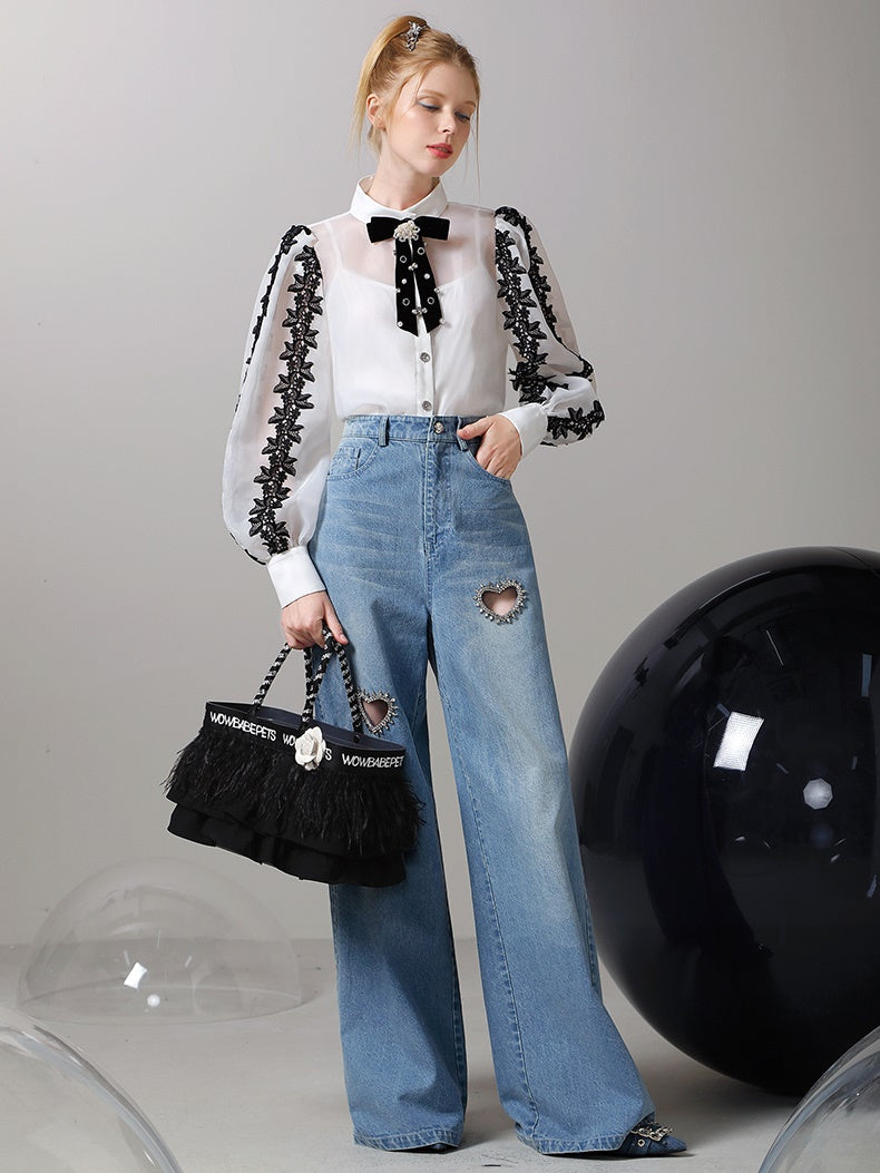 Denim Heart-Cut Bijou Nichi Wide-Pants