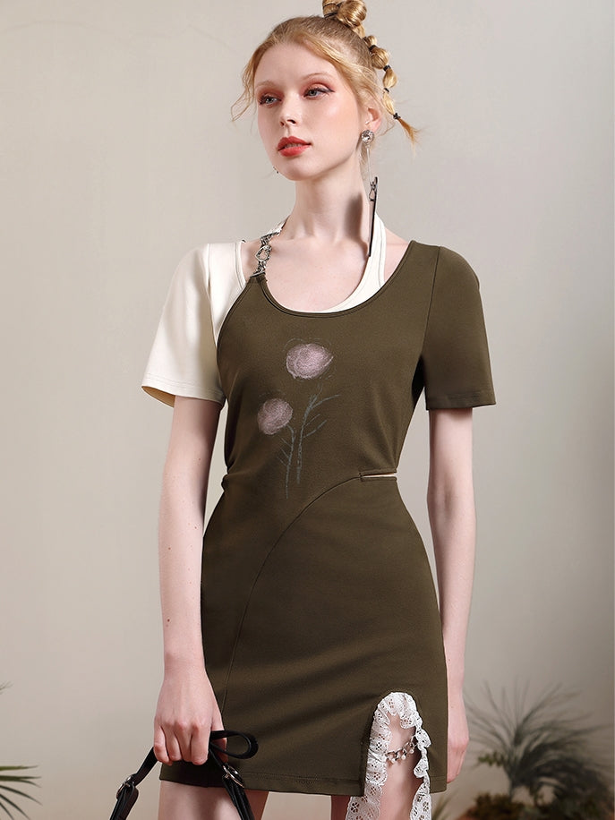 사이드 슬릿 꽃 레이스 비대칭 독특한 원피스