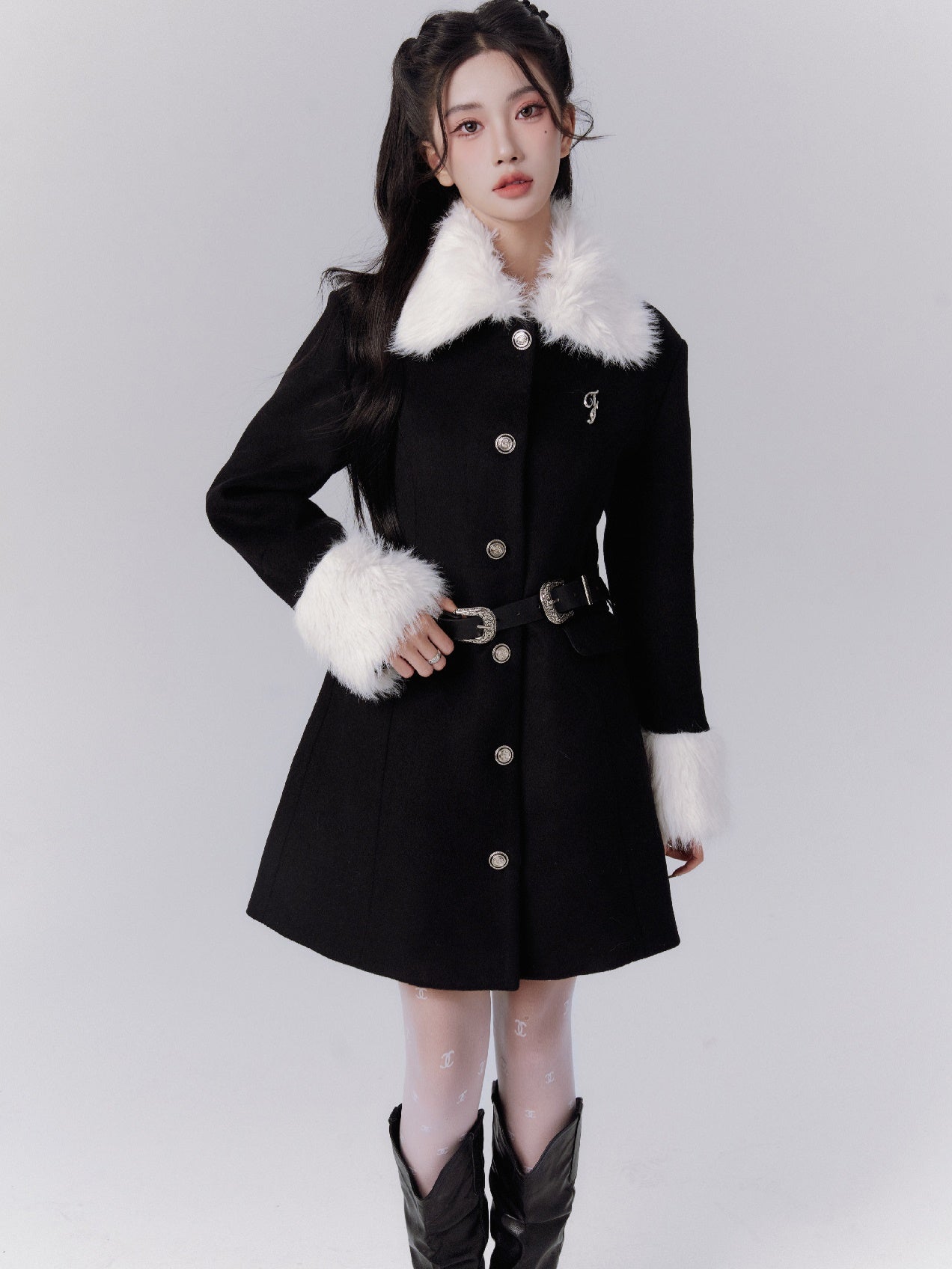 Miss Selfridge Faux Fur Collar Belted Coat, Black