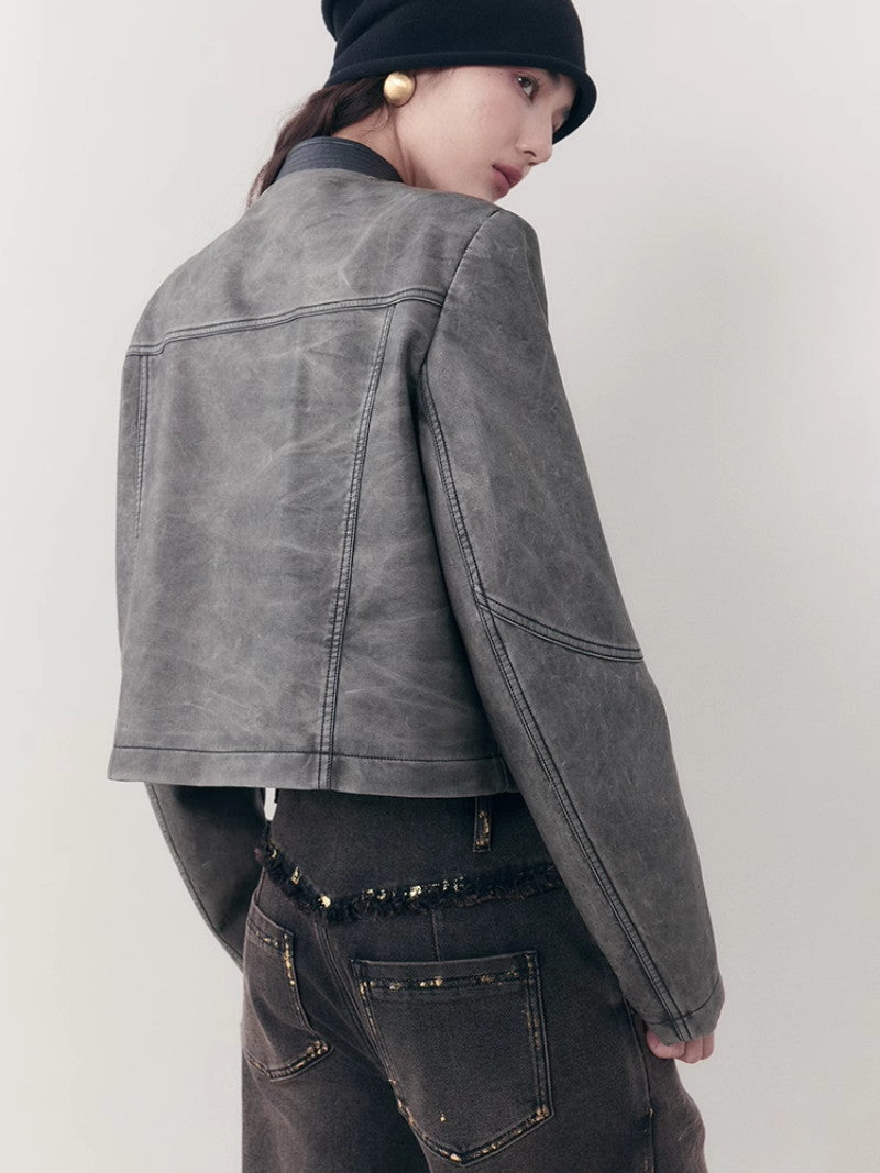 Leather Casual Handsome Set-Up Jacket&Mini-Skirt