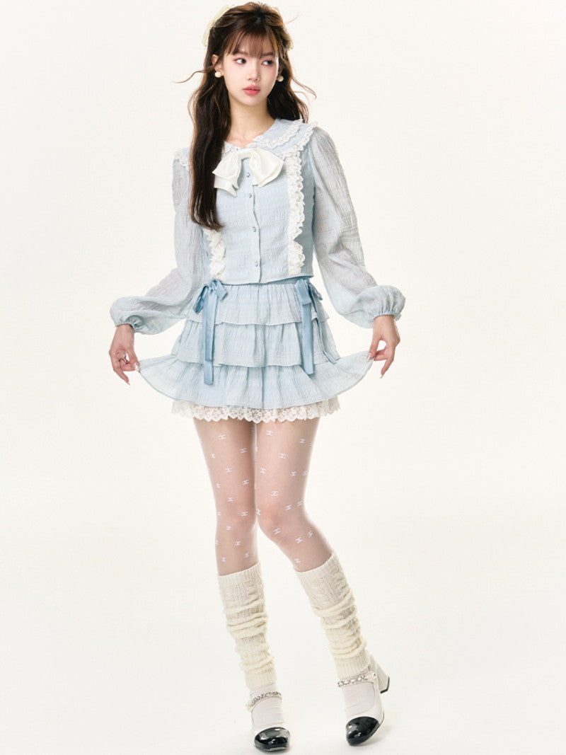 Rüschen-Set-up Girly Falten Spitze Ribbon süße Bluse & Minirocke