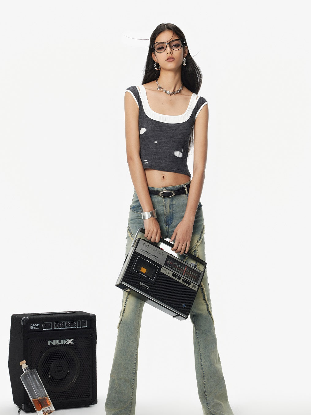 데미지 니치 레이어드 모노톤 크롭 탱크탑