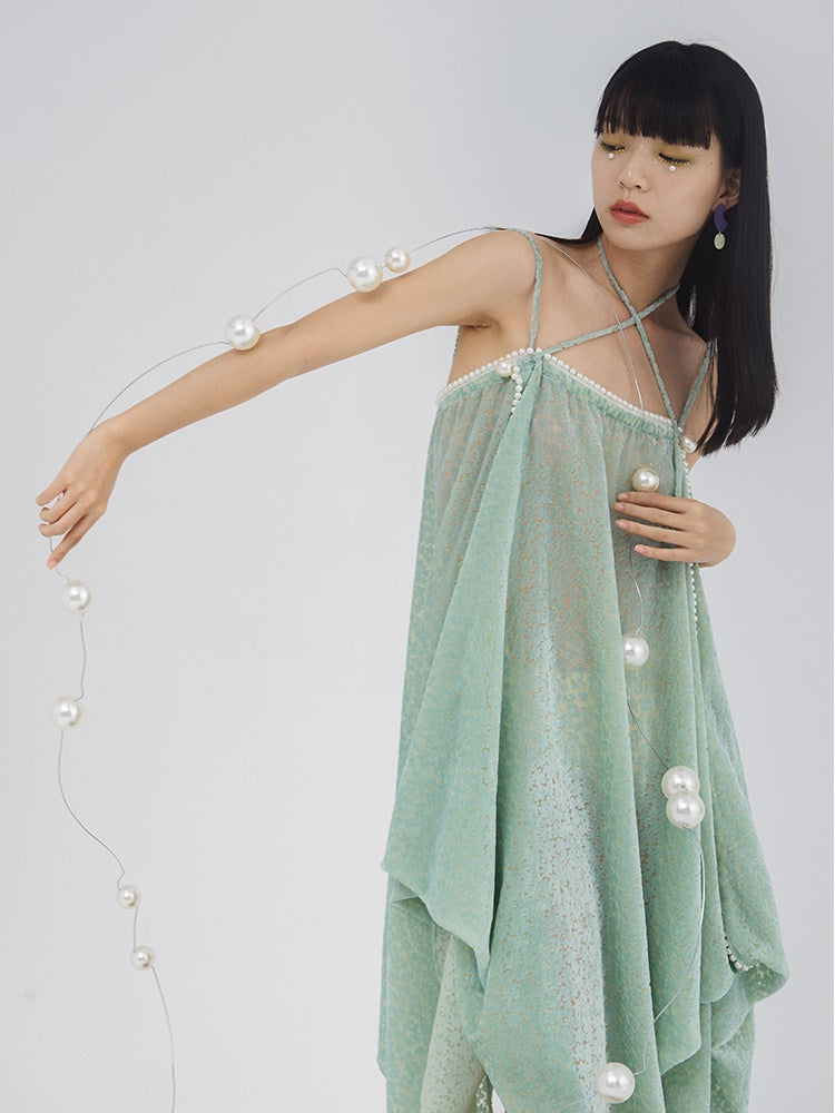 Lace Flower Mesh Shesh Drape Flare Camisole One-pièce
