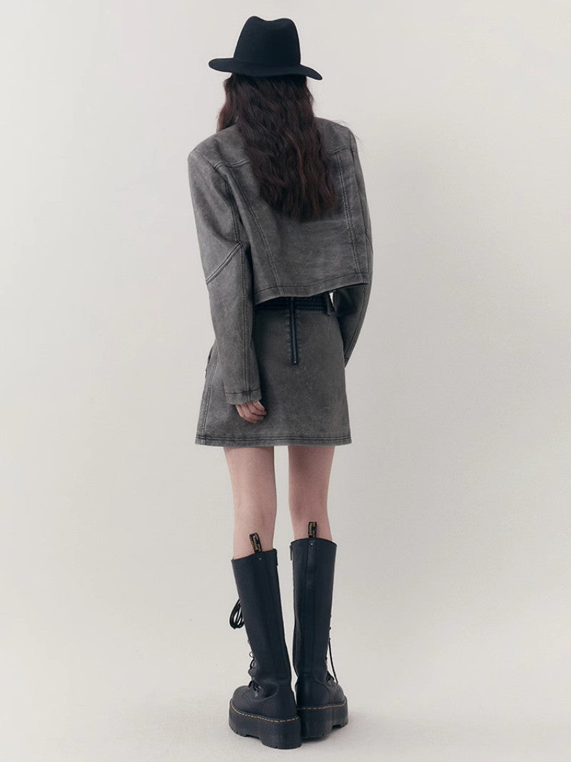 Leather Casual Handsome Set-Up Jacket&Mini-Skirt