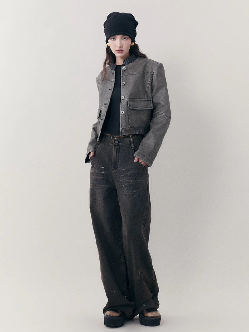 Leather Casual Handsome Set-Up Jacket&Mini-Skirt