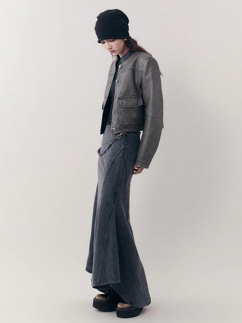 Leather Casual Handsome Set-Up Jacket&Mini-Skirt