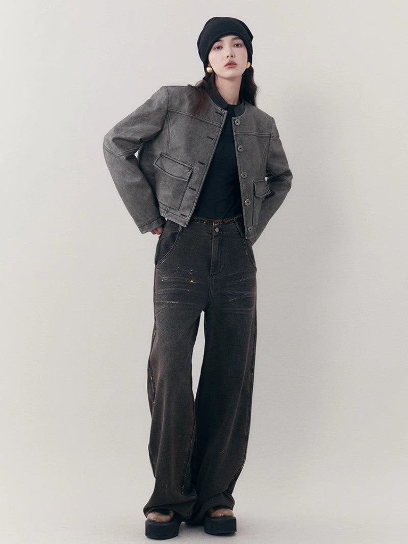 Leather Casual Handsome Set-Up Jacket&Mini-Skirt